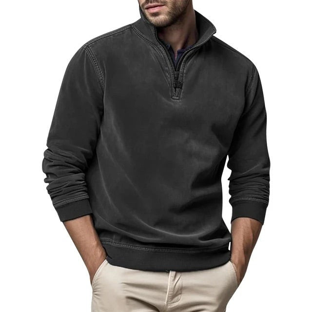 Anthrazitfarbener Zip-Pullover mit Stehkragen im Vintage-Look