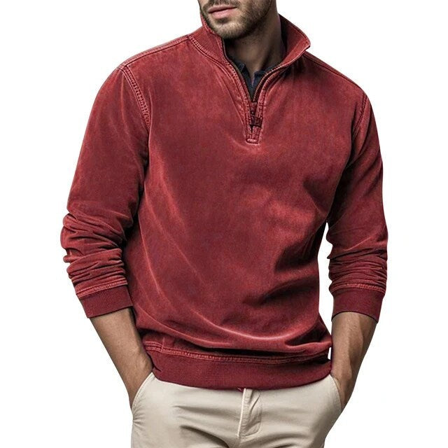 Roter Troyer-Sweatshirt mit Reißverschluss und meliertem Used-Effekt