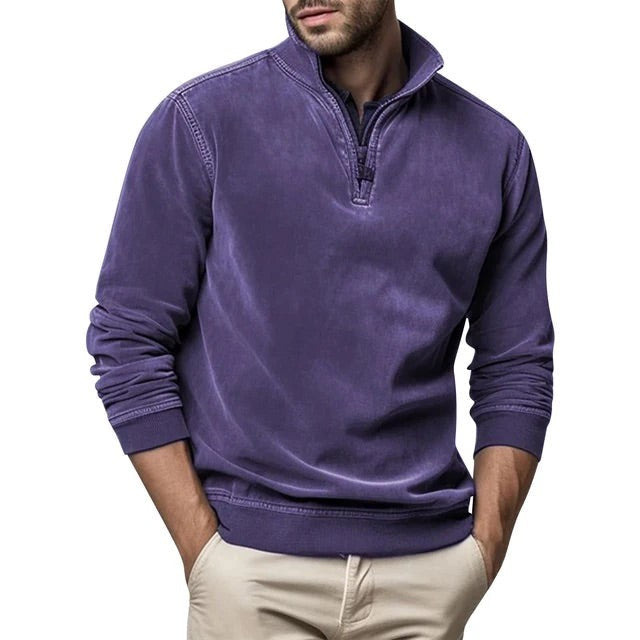 Lila Herrenpullover mit Stehkragen und kurzem Reißverschluss