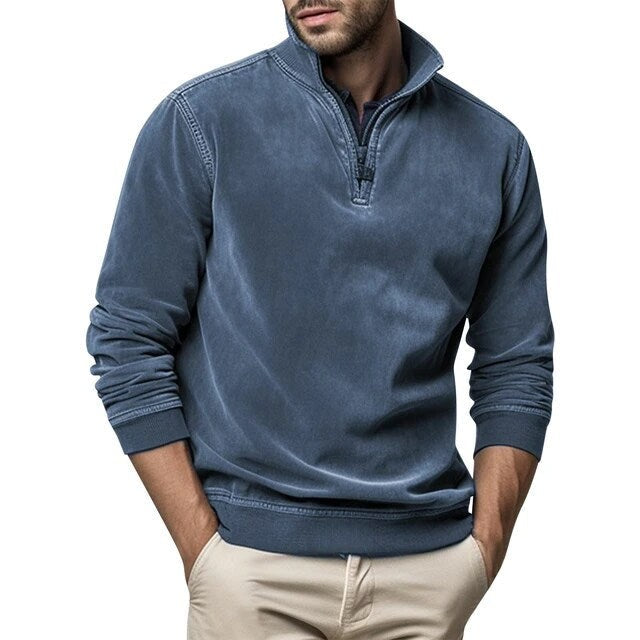 Blauer Freizeit-Pullover mit Zip-Kragen in Waschoptik