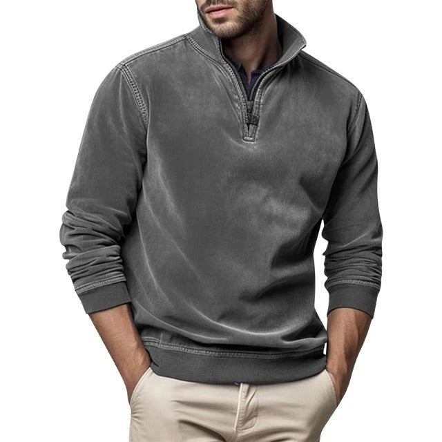 Grauer Troyer-Pullover mit Reißverschluss und Stehkragen für Herren