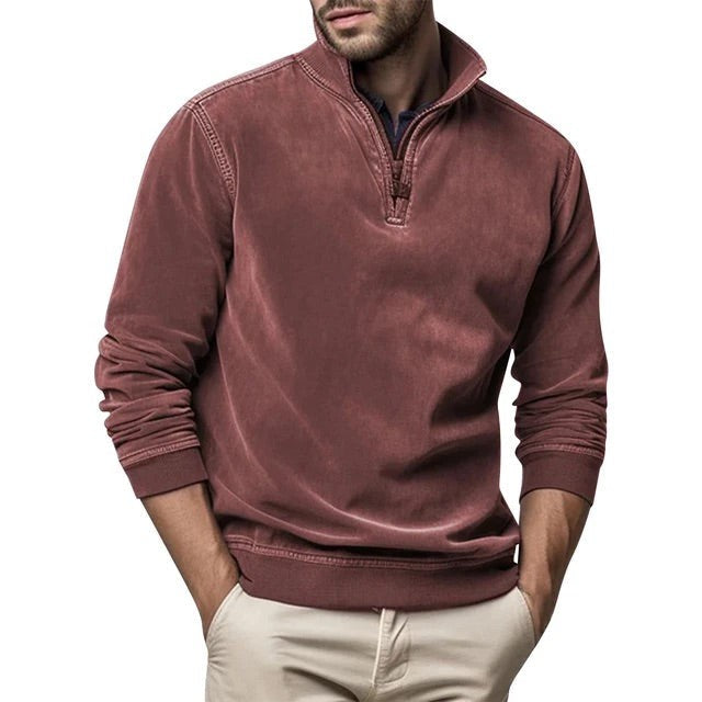 Terrakottafarbener Zip-Sweatshirt mit meliertem Vintage-Finish