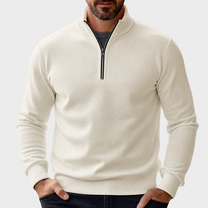 Cremefarbener Strickpullover mit Troyerkragen für Herren