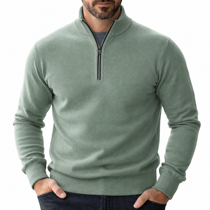 Salbeigrüner Herrenpullover mit Stehkragen und Reißverschlussdetail