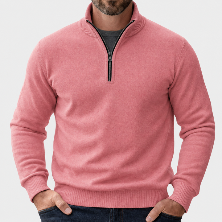 Rosafarbener Herrenpullover mit Reißverschlusskragen aus Feinstrick