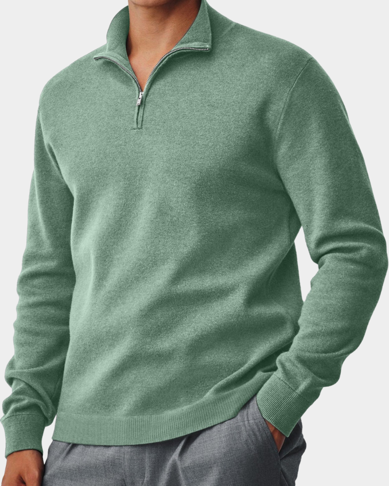Meliertes Herren-Troyer-Pullover in Salbeigrün mit Stehkragen und Reißverschluss