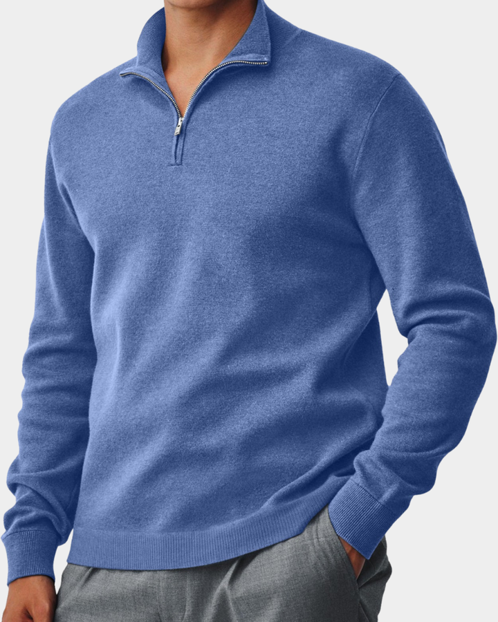 Blauer Herrenpullover mit Half-Zip und meliertem Strickstoff
