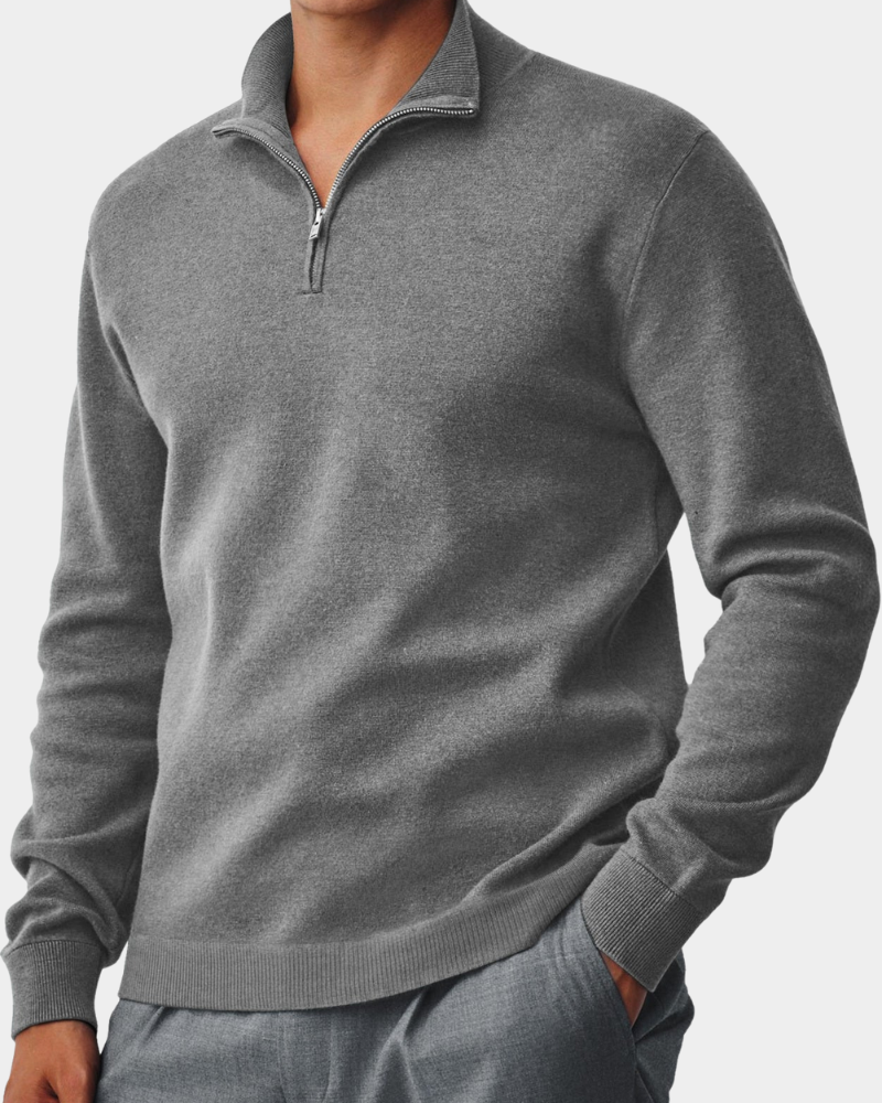 Grauer Troyer-Pullover mit silbernem Reißverschluss und Stehkragen