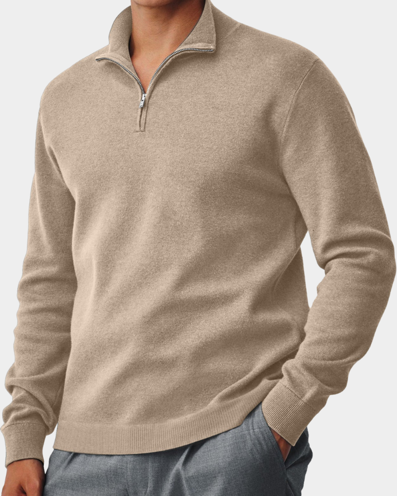 Beiger Herrenpullover mit Zip-Kragen aus meliertem Feinstrick