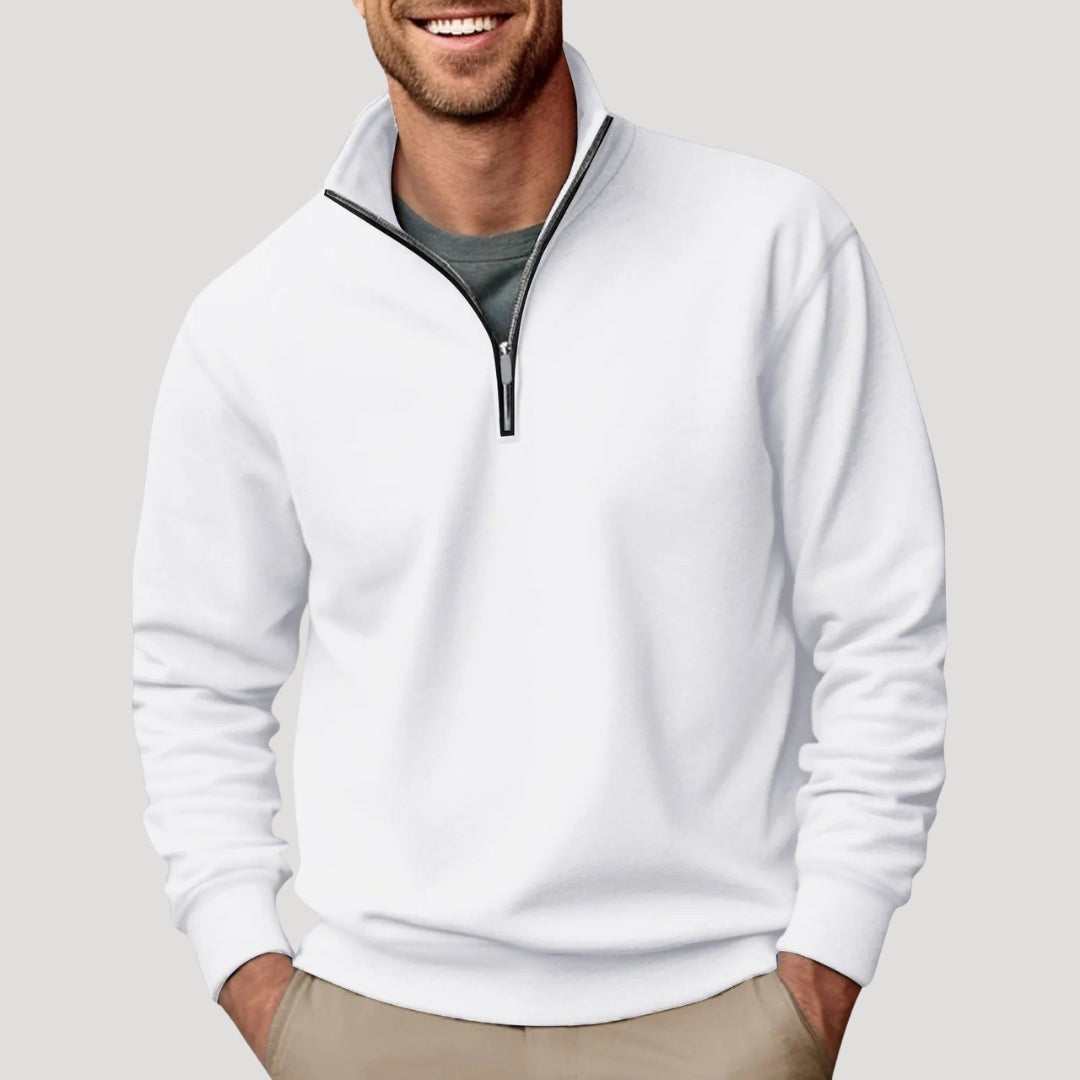 Weißer Herren-Sweatshirt mit Viertelreißverschluss und Stehkragen