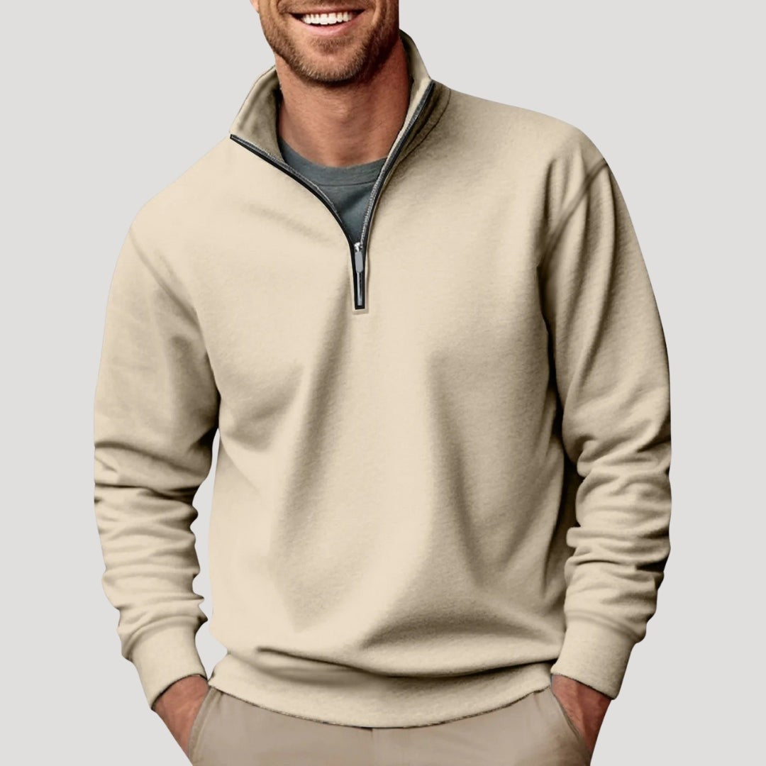 Beige meliertes Herrensweatshirt mit Viertelreißverschluss