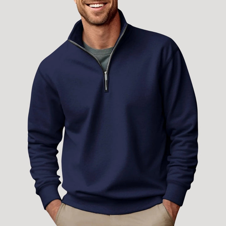 Marineblauer Herrenpullover mit Reißverschlusskragen und Stehkragen