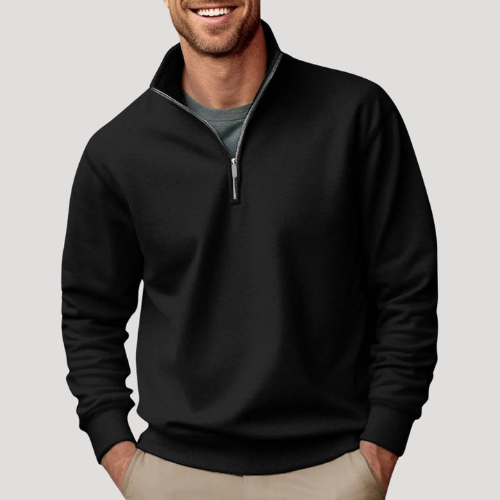 Schwarzer Herrenpullover mit Stehkragen und Viertelreißverschluss