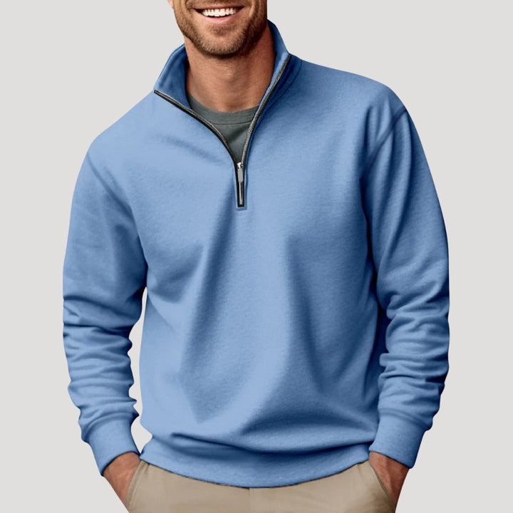 Hellblauer Herrensweatshirt mit Viertelreißverschluss und Rippbündchen
