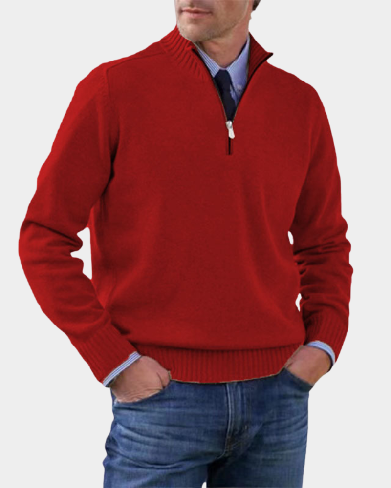 Roter Troyer Pullover mit Reißverschlusskragen und Hemdkombination