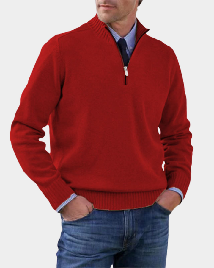 Roter Troyer Pullover mit Reißverschlusskragen und Hemdkombination
