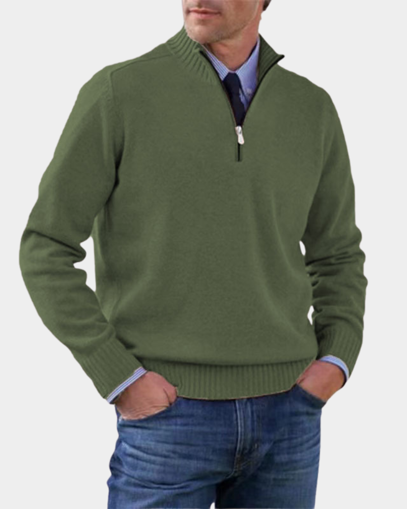 Olivgrüner Herrenpullover mit Stehkragen und Reißverschlussdetail