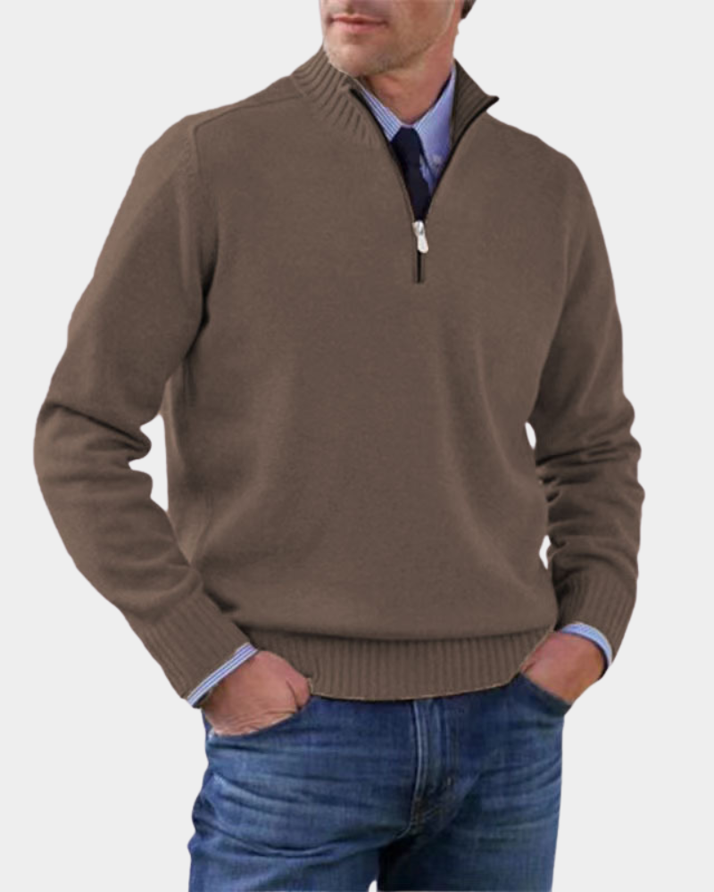 Taupefarbener Troyer Pullover mit meliertem Strick und Zip-Kragen