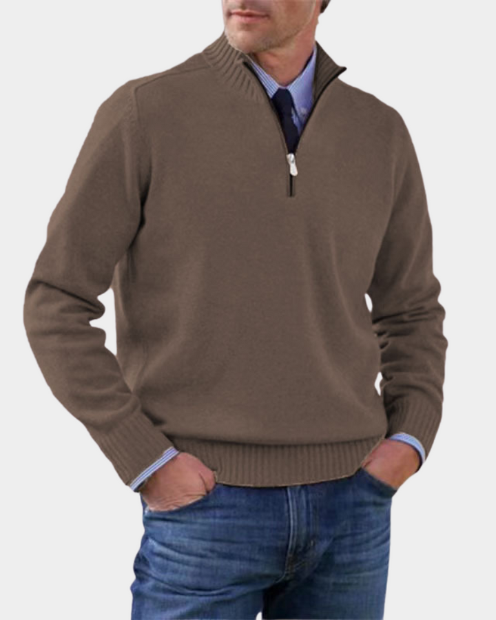 Taupefarbener Troyer Pullover mit meliertem Strick und Zip-Kragen