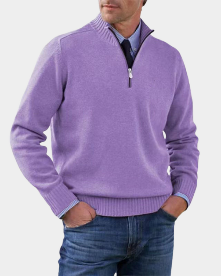 Fliederfarbener Half-Zip Pullover mit gerippten Ärmelabschlüssen