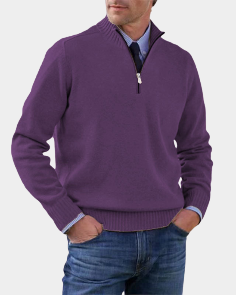 Violetter Strickpullover mit Reißverschlusskragen und schmaler Passform