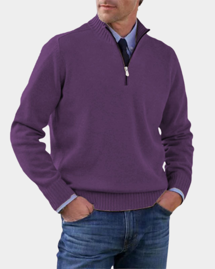 Violetter Strickpullover mit Reißverschlusskragen und schmaler Passform