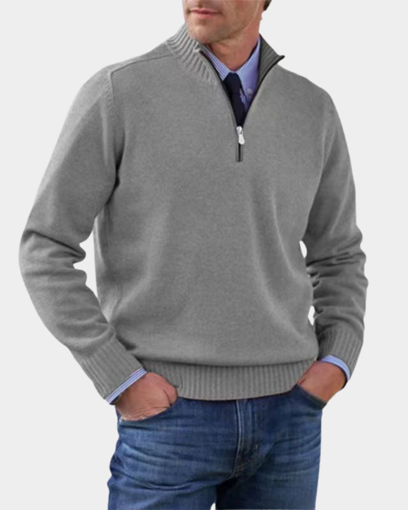 Grauer Strickpullover mit Half-Zip Kragen im schmalen Schnitt