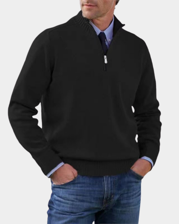 Schwarzer Herrenpullover mit Reißverschluss und gerippter Struktur