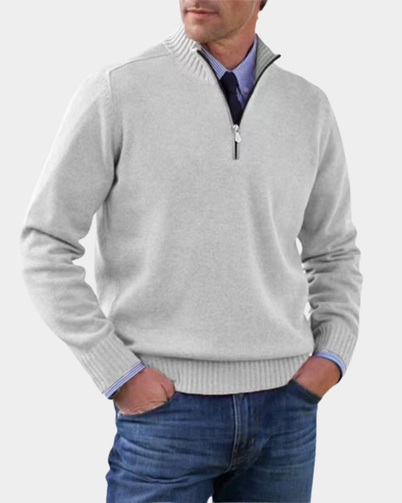 Hellgrauer Half-Zip Pullover mit gerippten Bündchen am Ärmel