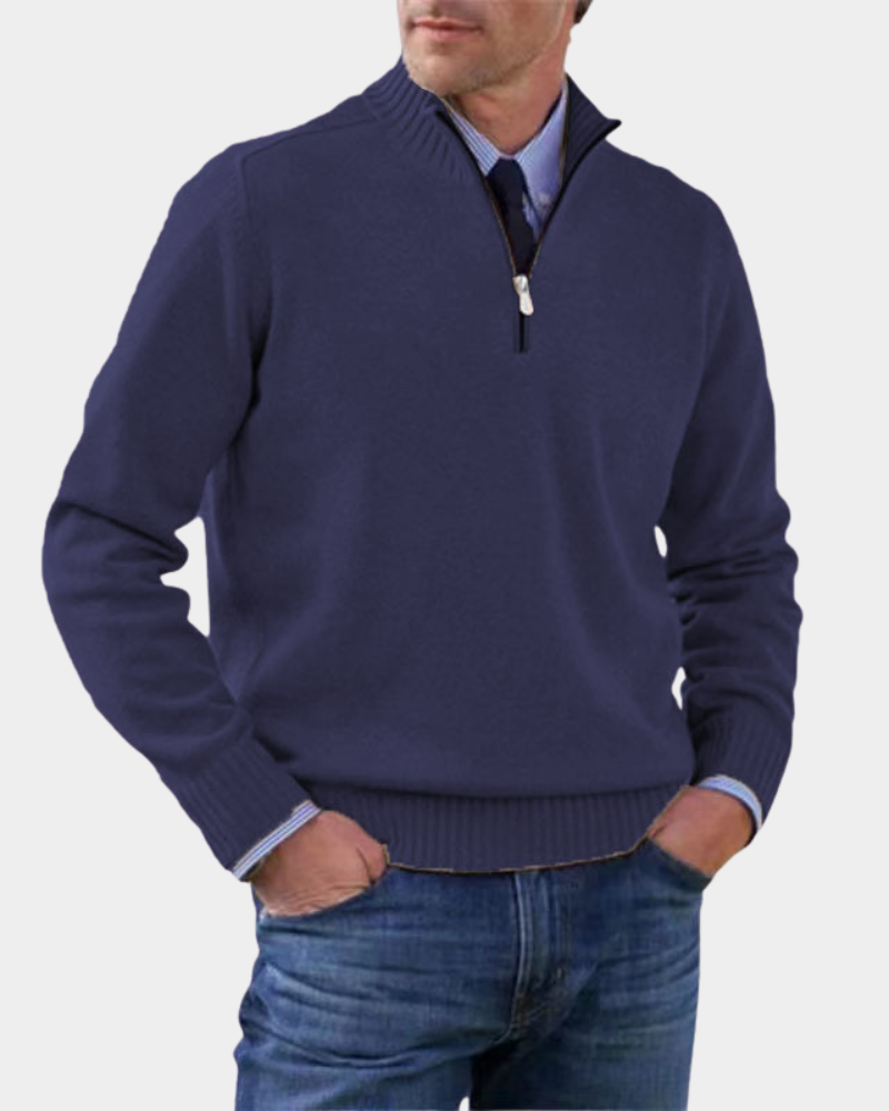 Marineblauer Troyer Pullover mit silbernem Reißverschluss und Rippstrick