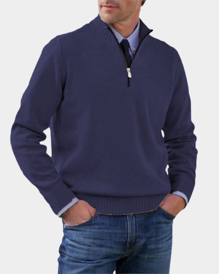 Marineblauer Troyer Pullover mit silbernem Reißverschluss und Rippstrick