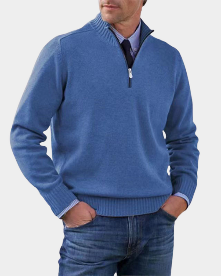 Jeansblauer Strickpullover mit Stehkragen und Zip-Verschluss
