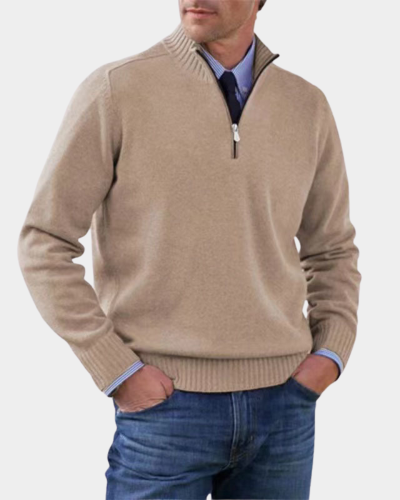 Beiger Half-Zip Pullover aus meliertem Feinstrick für Herren