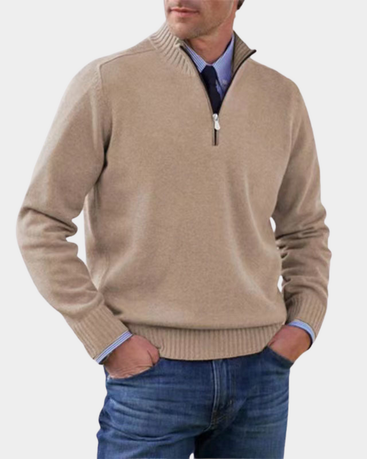 Beiger Half-Zip Pullover aus meliertem Feinstrick für Herren