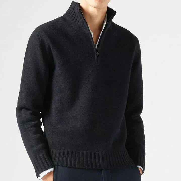 Schwarzer Half-Zip-Pullover mit Stehkragen und Rippstrick am Saum