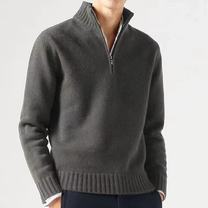 Anthrazitgrauer Troyer-Pullover mit Stehkragen und Rippstrick