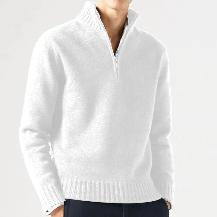 Weißer Troyer-Pullover mit Reißverschlusskragen und gerippten Bündchen