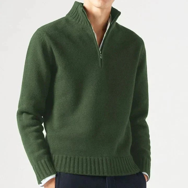 Dunkelgrüner Half-Zip-Pullover aus Strick mit Stehkragen