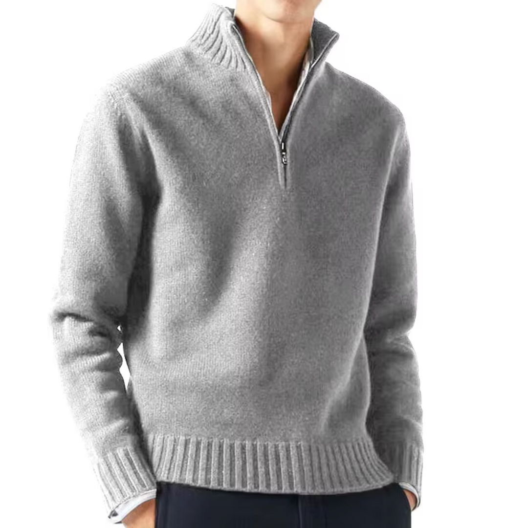 Hellgrauer meliert Strickpullover mit Half-Zip und Rippbund