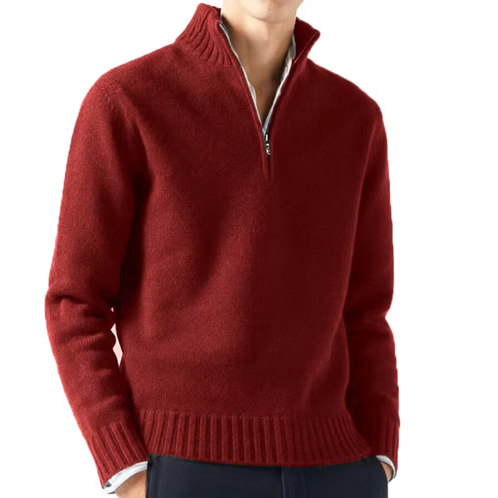 Rostroter Troyer-Pullover mit Reißverschluss und Rippstrickabschluss