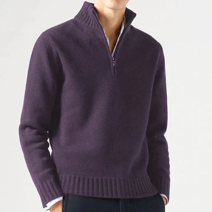 Aubergine-farbener Half-Zip-Pullover aus feiner Strickware