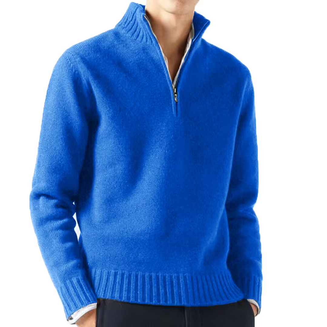 Kobaltblauer Strickpullover mit Stehkragen und Reißverschluss