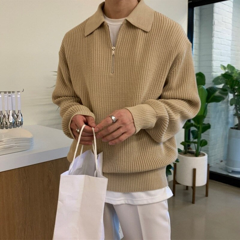 Beiger Strickpullover mit Zipper-Kragen, oversized Herrenpullover im Freizeitlook