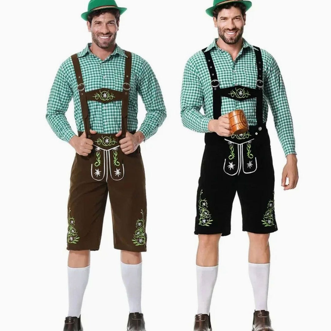 Zwei Männer im Oktoberfest-Kostüm mit Lederhose in Braun und Schwarz und grünem Karohemd