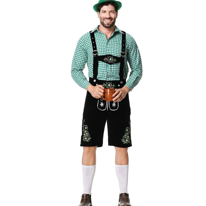 Herren Trachtenoutfit mit schwarzer Lederhose, Hosenträgern und grün-weiß kariertem Hemd