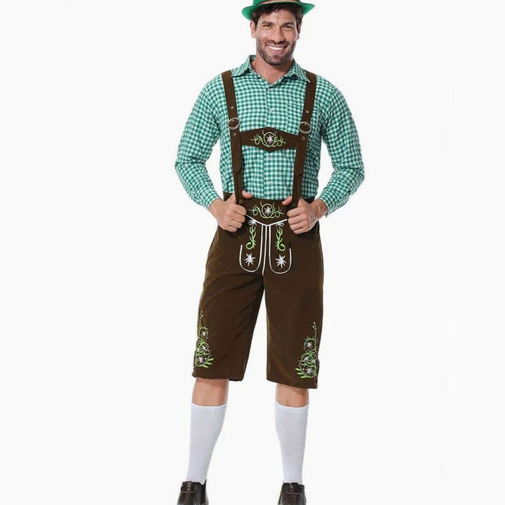 Oktoberfest-Kostüm mit brauner Lederhose, Hosenträgern und kariertem Trachtenhemd