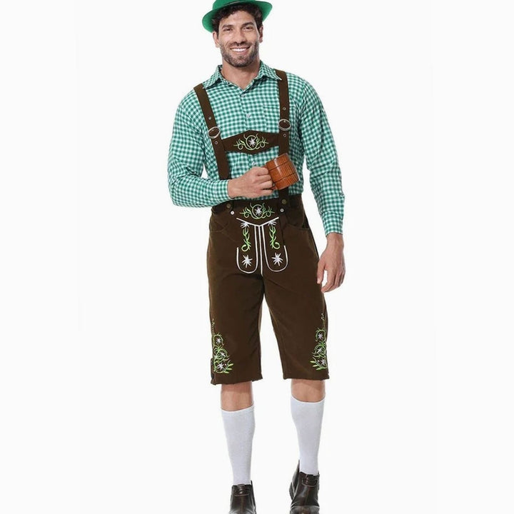 Herren Trachtenset mit brauner Lederhose, Bierkrug und grünem Filzhut