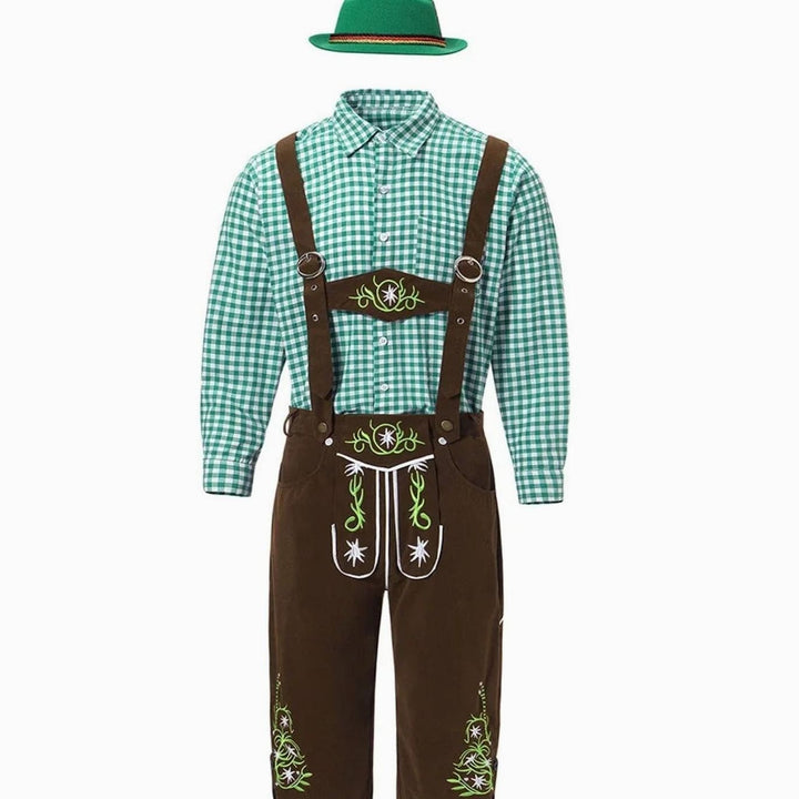 Trachtenset aus grünem Karohemd, brauner Lederhose und grünem Trachtenhut