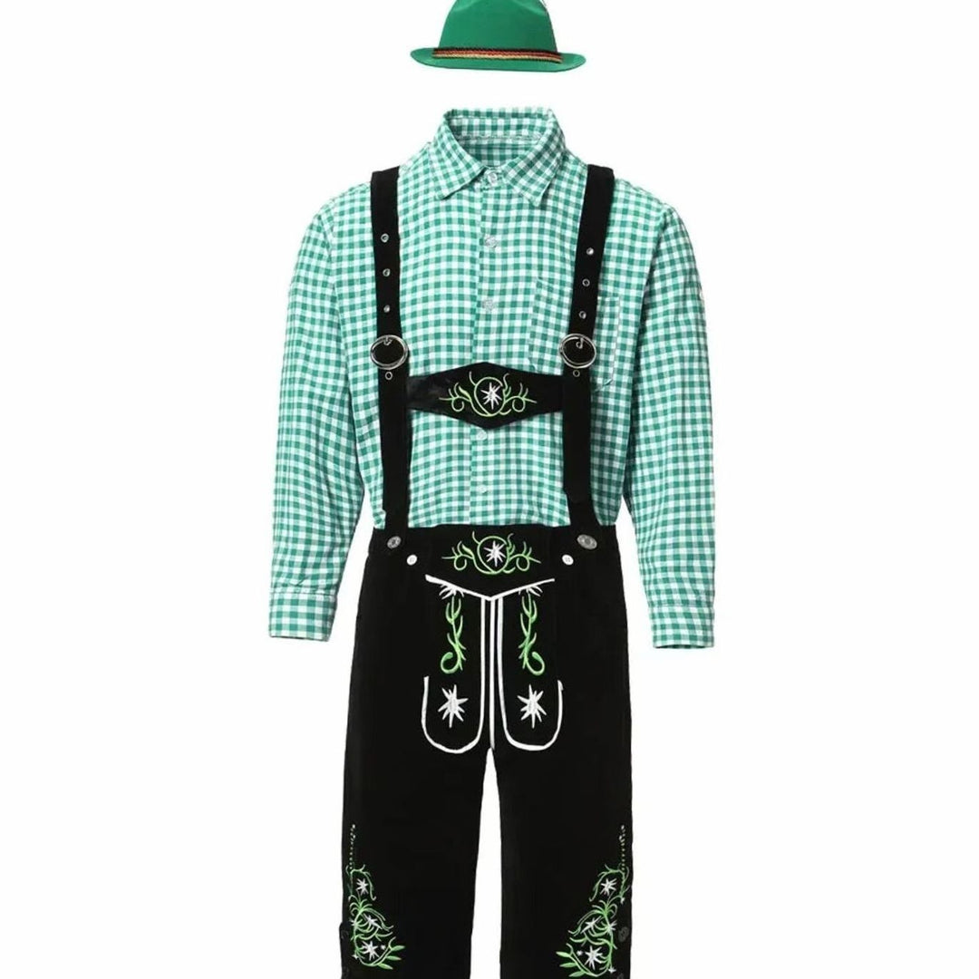 Trachten-Kombination mit schwarzer Lederhose, Hosenträgern und grünem Filzhut