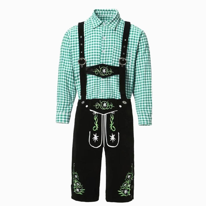 Herren Trachtenhemd und schwarze Lederhose mit floraler Stickerei im Set